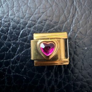 October Birthstone Italian Charm Link – Gold with Pink Tourmaline-Coloured Heart
